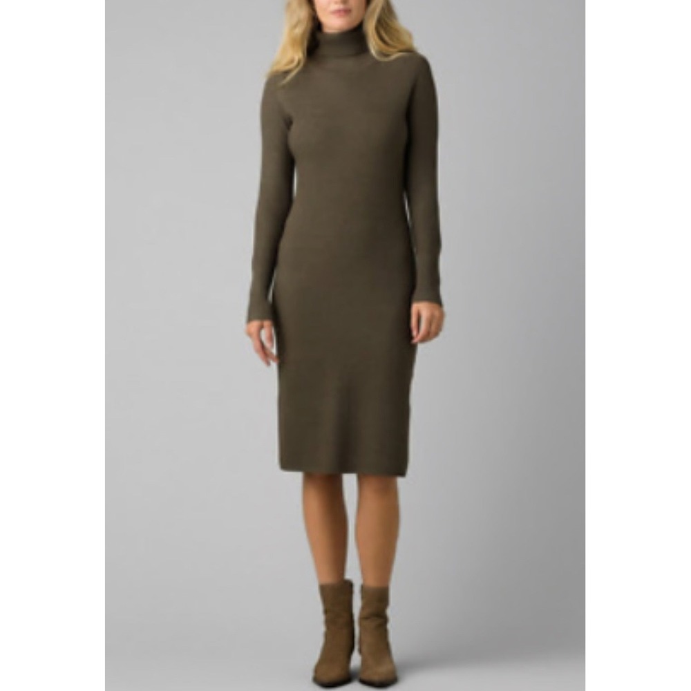 Prana Sz M Figaro Turtleneck Knit Slit Side Midi Dress Long Sleeve Cozy Minimal